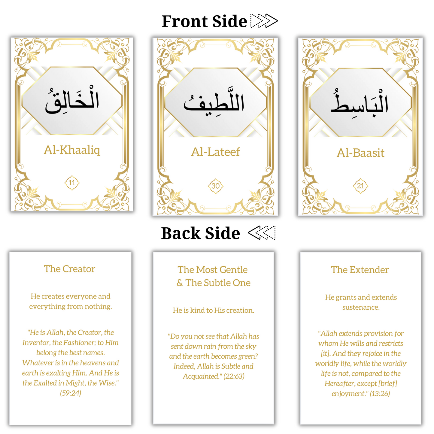 99 Names of Allah Flashcards with Quran Verses | White & Gold