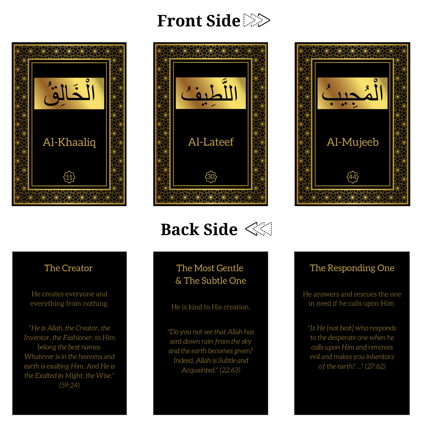 99 Names of Allah Flashcards with Quran Verses | Black & Gold