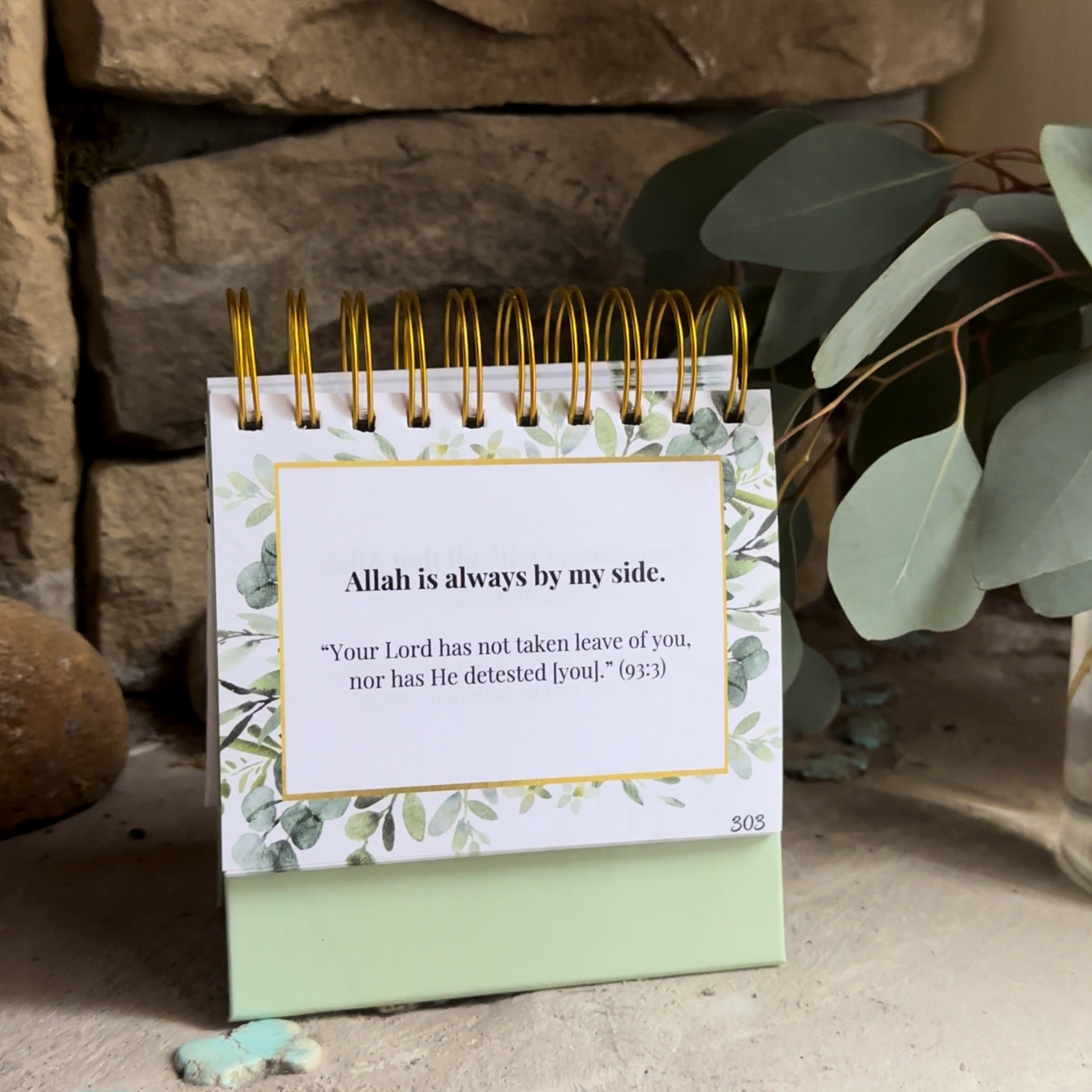 365 Days of Positive Islamic Affirmations for Muslims with Quran Verses perfect for your home office desk or beside table. Reminding you of Allah's love, mercy, guidance, etc. For example, "Allah is by my side" because Allah says in the Quran, "Your Lord has not taken leave of you, nor has He detested you." (93:3)