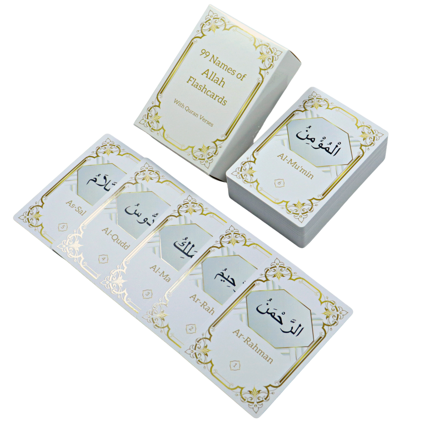 99 Names of Allah Flashcards with Quran Verses | White & Gold