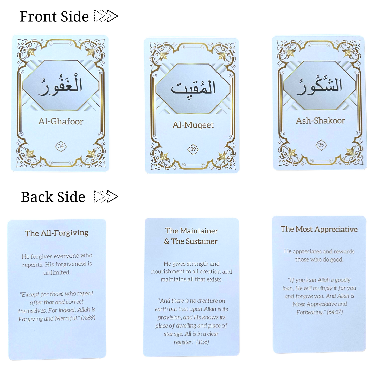 99 Names of Allah Flashcards with Quran Verses | White & Gold