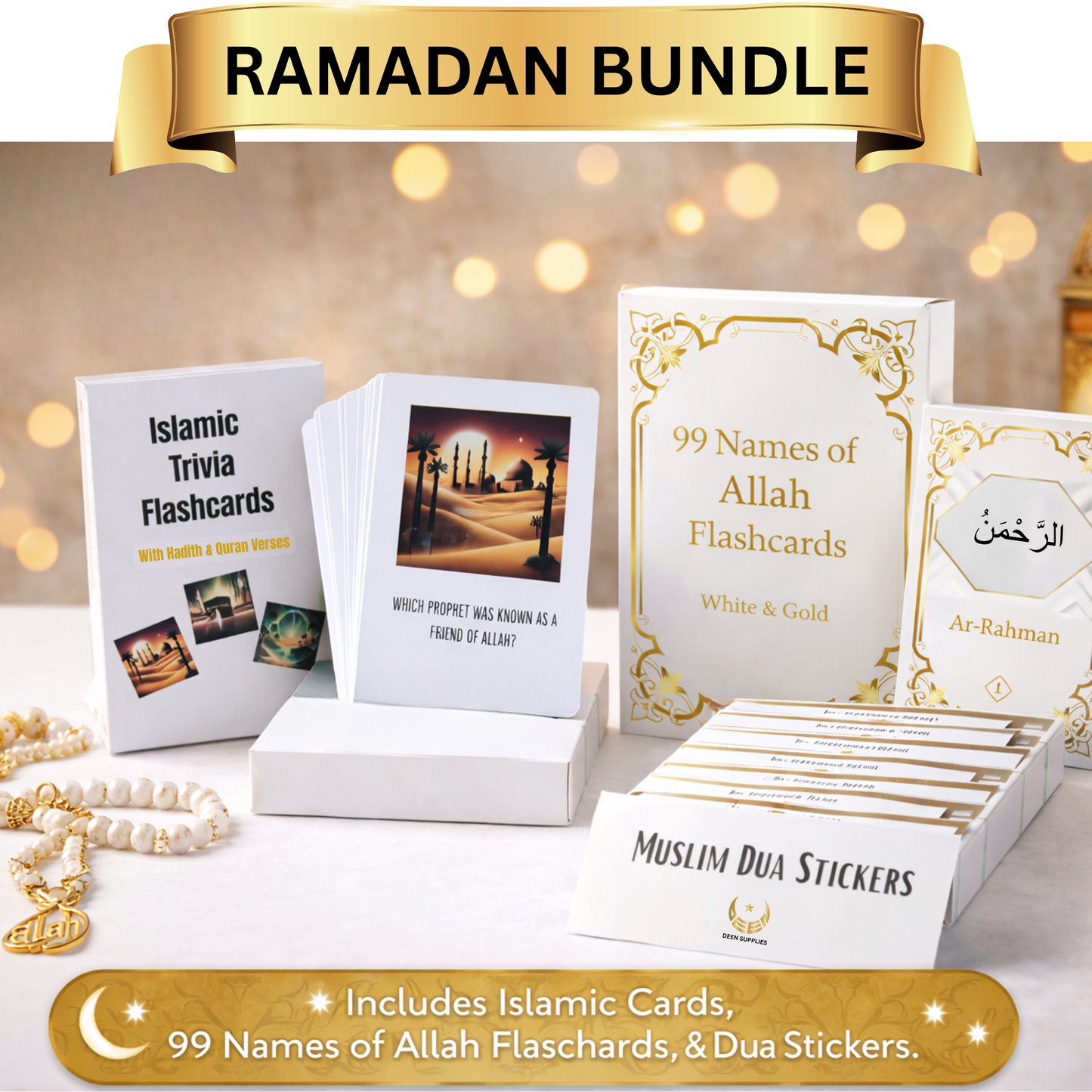 Ramadan Collection, Ramadan bundle with flashcards and stickers on a decorative background